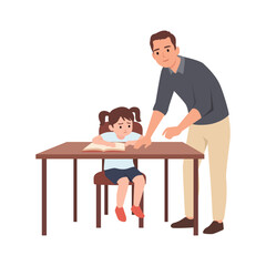 Father Helping Daughter Study at Home. Flat vector illustration isolated on white background