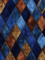 Fototapeta premium Luxurious diamond pattern texture featuring deep sapphire blues rich earthy browns and shimmering gold stitching creating an opulent background surface