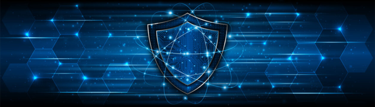 Abstract technology shield symbol with circuit board. Cyber ​​privacy and data protection concept. Modern security technology innovation background.