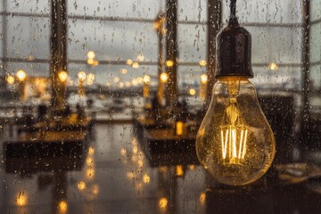 Light bulb shines through raindrops on window in a restaurant during a rainy day