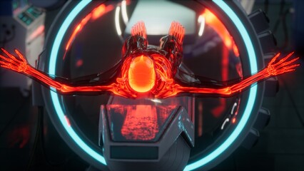 A striking display of skeletal structure under vibrant lights reveals the intricate details of bones. The setting is a futuristic medical lab, showcasing the wonders of anatomy.