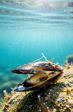 Mussel with open shell resting on rock covered in green algae, surrounded by deep blue ocean. Concept of underwater beauty, showcasing rock formations and marine life.