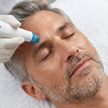 Mature man receiving hydrafacial skin treatment for anti-aging and deep cleansing at a dermatology clinic