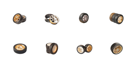 Assortment of high performance automotive wheels and tires featuring striking gold colored rims displayed in various configurations on transparent background. on transparent background