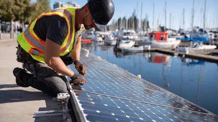 Technician in safety gear installing solar panels at a marina ensuring sustainable and efficient power supply for docked boats under clear daylight.