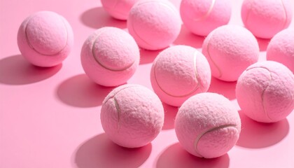 Obraz premium A collection of pink tennis balls arranged on a pink surface, casting soft shadows.
