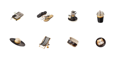 Collection of essential summer travel and vacation accessories including luggage a hat and cold beverages on transparent background