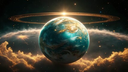 An animated futuristic planet with a golden ring rotating in space. A celestial world surrounded by a glowing nebula in a distant galaxy. Cosmic science fiction concept - Powered by Adobe