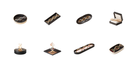 Collection of stylized three dimensional deoxyribonucleic acid helix models presented in various decorative display configurations on transparent background. on transparent background