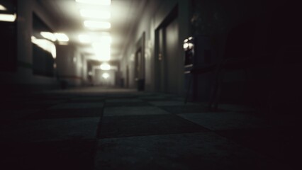 Fototapeta premium Dimly lit corridor stretches ahead, with blurred doorways lining the walls. Flickering lights add to the unsettling yet intriguing ambiance of this quiet passageway.