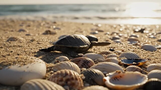 A tiny sea turtle hatchling cautiously navigates the challenging terrain of dry, textured sand, maneuvering around scattered seashells and smooth white stones texture, tropic, marine life