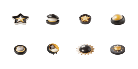 Collection of eight stylized three dimensional black and gold icons representing celestial and furniture themes on transparent background