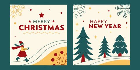 Christmas and new year season greeting designs with running child in red scarf and pine forest landscape in flat vector style christmas illustration greeting seasonal celebration © Designer Pac 2