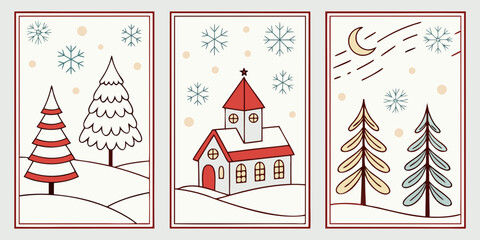 Set of three winter season greeting cards with christmas trees snowy village church and moonlit landscape in line art illustration christmas landscape illustration seasonal greeting © Designer Pac 2