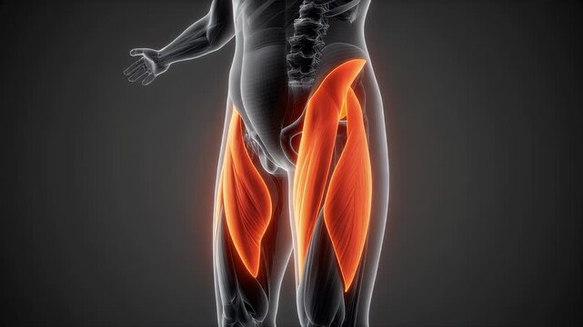 Three-dimensional anatomical illustration of the human leg muscles, focusing on the powerful quadriceps and hamstrings, for educational and scientific visualization of the musculoskeletal system