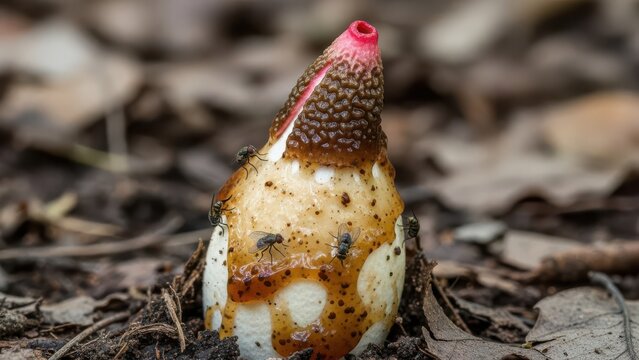 Vibrant red-tipped stinkhorn mushroom with brown gleba and attracted flies, macro close-up on forest floor in natural light