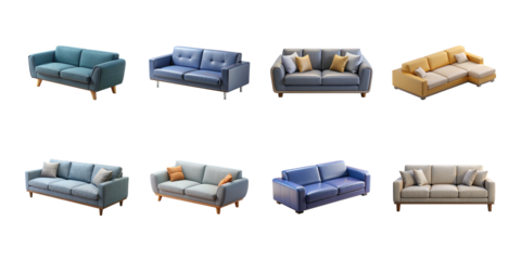 A collection of various modern living room sofas and seating arrangements showcasing diverse upholstery and design styles on transparent background