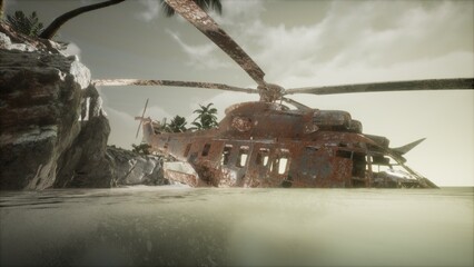 Rusted helicopter partially submerged in calm waters, surrounded by pristine sand and vibrant palm trees under a hazy sky, creating an atmosphere of mystery and adventure. © icetray