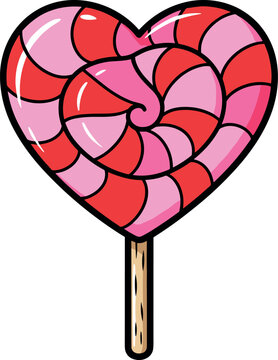 A colorful heart-shaped lollipop with swirling red and pink patterns on transparent background