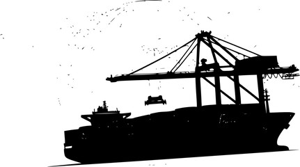E-Commerce/Global Trade: A black silhouette of a large cargo container ship with a crane and a global map grid in the background.