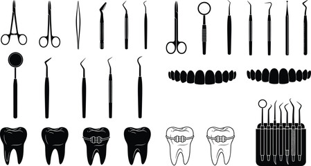Dental tools, teeth, braces, oral care, silhouette, icons, black vector, flat illustration, forceps, mirror, scaler, probe, anatomy, hygiene, orthodontics, dentist, instruments, medical, jaw, tooth