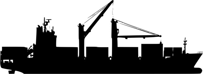 E-Commerce/Global Trade: A black silhouette of a large cargo container ship with a crane and a global map grid in the background.