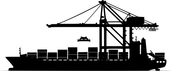 E-Commerce/Global Trade: A black silhouette of a large cargo container ship with a crane and a global map grid in the background.