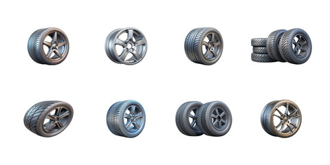 Collection of various automotive wheels and tires displayed in different arrangements on transparent background