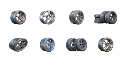 Collection of various automotive wheels and tires displayed in different arrangements on transparent background