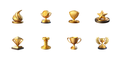 Collection of eight stylized golden trophies and achievement awards featuring flame star shield cup and diamond shapes on transparent background
