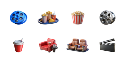 Collection of 3d rendered movie theater icons including snacks seating and film equipment on transparent background
