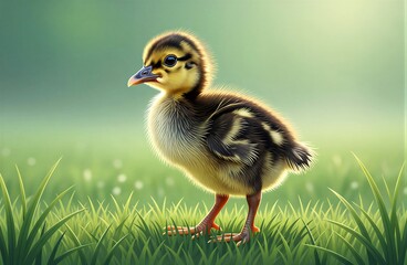 Small poult standing on patch of grass, curious expression, beak slightly open. Concept of innocence and curiosity, soft blurred green background, close-up of vibrant colors.