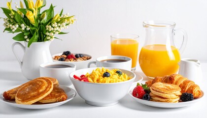 Complete Breakfast Spread with Coffee and Juice

