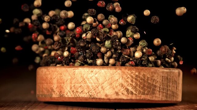 Super slow motion peppercorn . Filmed on a high-speed camera at 1000 fps. High quality FullHD footage