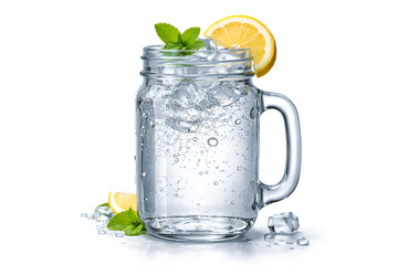 Cold glass of soda water with ice cubes mint leaves and lemon