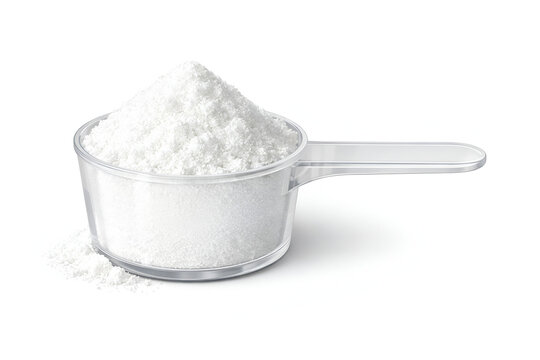 White powder in a transparent measuring scoop isolated on white background for baking or fitness