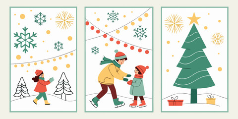 2027 Winter Holiday Vector &ndash; Snowy Walk, Ice Skating Scene, Decorated Christmas Tree with Gifts in Festive Triptych Design