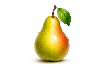 Ripe green pear with a leaf and fresh water droplets isolated on white