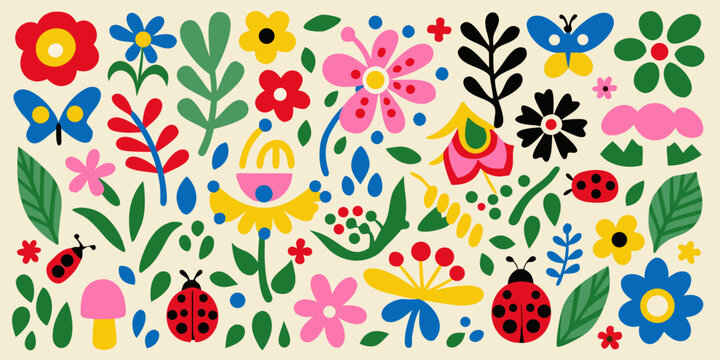 A colorful and playful arrangement of flowers butterflies and insects