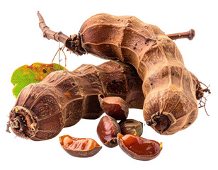 Close-up of dried, segmented pods with exposed seeds and a few leaves