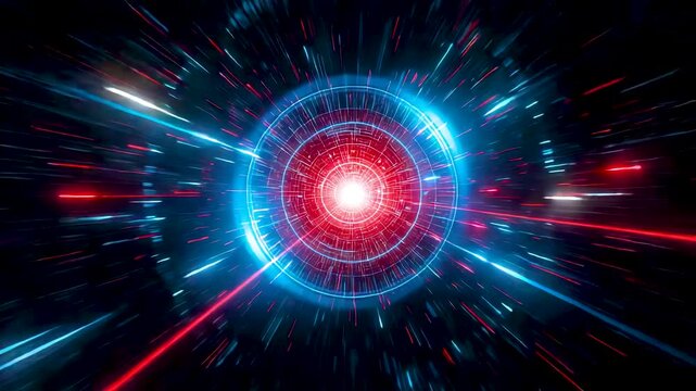 Vibrant blue red energy vortex tunnel swirling radial streaks bright central core glowing explosion speed motion abstract space background