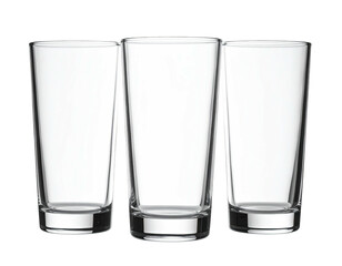 Three empty, tall, clear drinking glasses on a black background, reflecting light