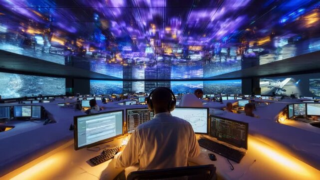 A High-Tech Control Room Filled with Monitors and Screens, Showcasing the Future of Command and Control Operations in a Dynamic and Engaging Environment