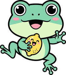 Obraz premium A green cartoon frog with a yellow baby frog on its back both smiling and looking happy