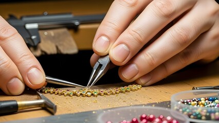 Close-up of a jeweler's hands using precision tools to craft a gold necklace with colorful gemstones, professional jewelry making and handmade luxury craft concept.