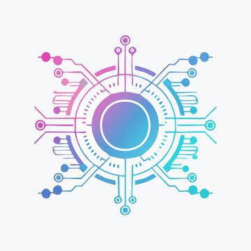Abstract futuristic circuit hub illustration showing digital data connections and high technology systems in vibrant neon gradient colors.