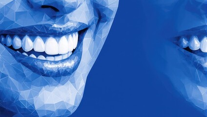 Close-up of two smiling faces, stylized with low-poly triangles in shades of blue. Bright white teeth are prominent