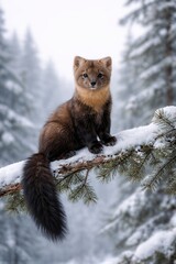 Obraz premium Sable sitting on branch of snow-covered pine tree, curious expression, bright blue eyes, peaceful atmosphere. concept of winter forest serenity.