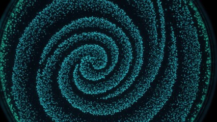 Mesmerizing glowing teal and cyan particle spiral pattern creating a dynamic abstract scientific background with dark blue tones.