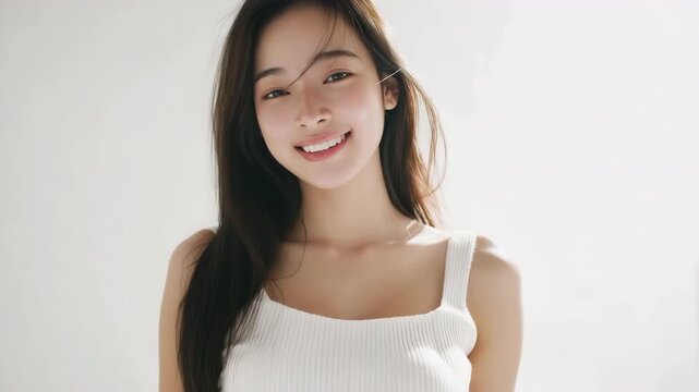 白いタンクトップで無邪気に笑う女性の明るい表情